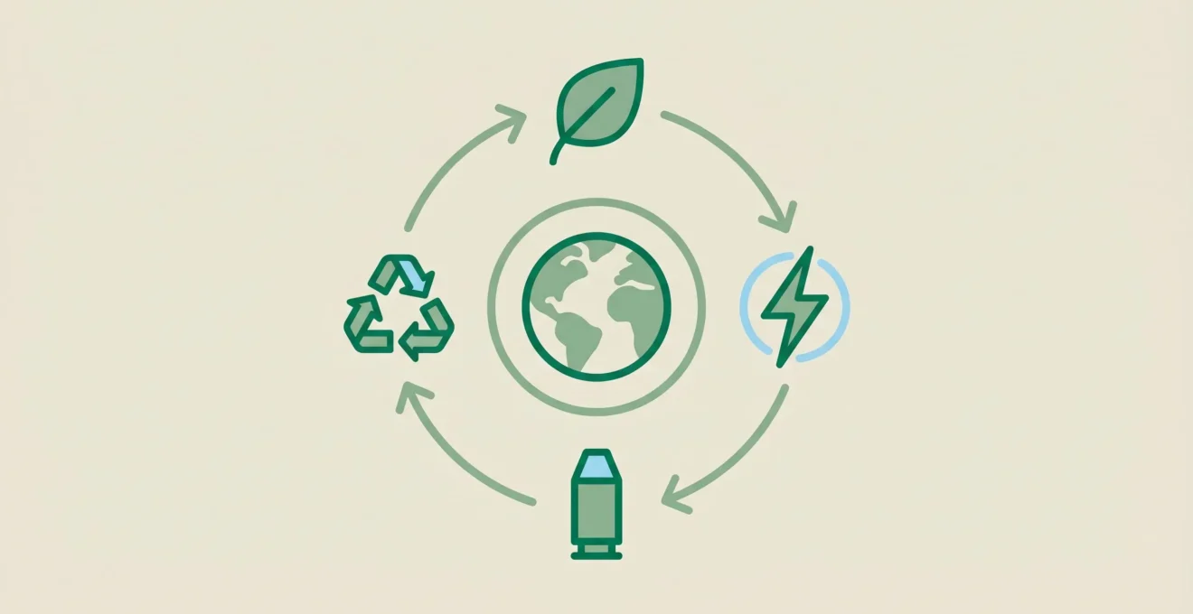 Schéma circulaire en design plat montrant quatre icônes minimalistes reliées par des flèches : feuille, éclair, cartouche et symbole de recyclage, autour d'une planète stylisée au centre