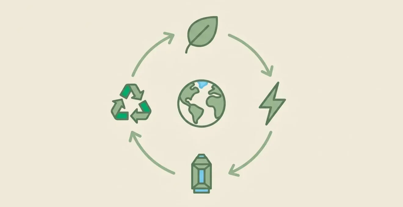 Schéma circulaire en design plat montrant quatre icônes minimalistes reliées par des flèches : feuille, éclair, cartouche et symbole de recyclage, autour d'une planète stylisée au centre