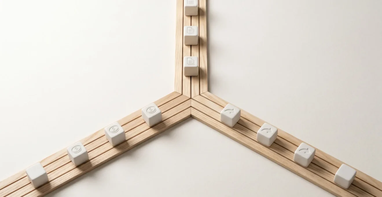 Vue aérienne d'un carrefour minimaliste en bois clair avec trois chemins divergents jalonnés de cubes blancs portant des symboles abstraits