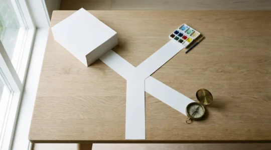 Vue aérienne d'une table en bois clair avec trois chemins de papier blanc formant un Y, chacun menant à un objet symbolique : pile de feuilles, palette de couleurs et boussole vintage en laiton