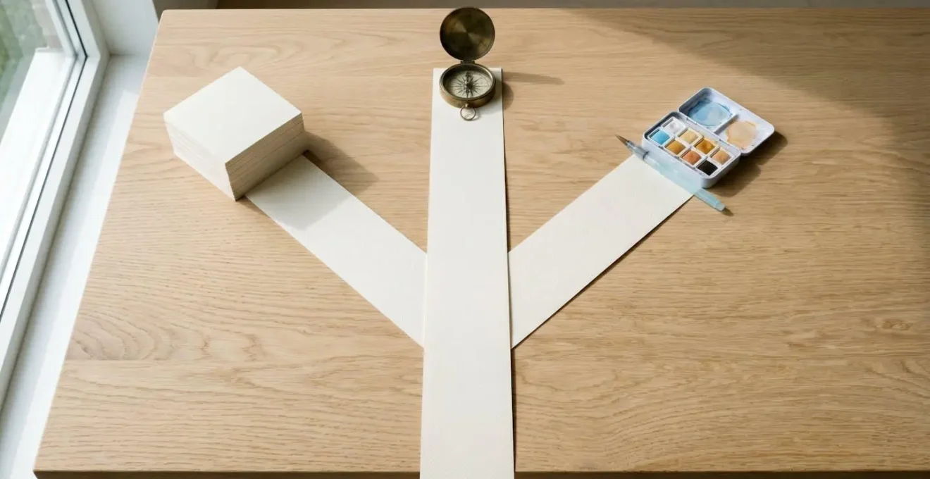 Vue aérienne d'une table en bois clair avec trois chemins de papier blanc formant un Y, chacun menant à un objet symbolique : pile de feuilles, palette de couleurs et boussole vintage en laiton