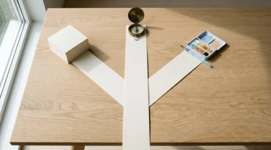 Vue aérienne d'une table en bois clair avec trois chemins de papier blanc formant un Y, chacun menant à un objet symbolique : pile de feuilles, palette de couleurs et boussole vintage en laiton
