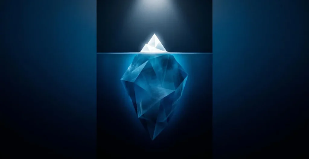 Illustration abstraite d'un iceberg stylisé avec un petit triangle blanc émergé et une masse bleue géométrique cinq fois plus grande immergée, sur fond dégradé bleu nuit